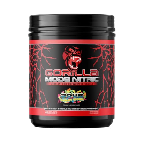 Gorilla Mode Nitric Upgraded Stimulant Free Pre-Workout  Best Tasting and Most Effective Stimulant Free Pre-Workout/Massive Pumps  Vasodilation  Power / 808 Grams (Sour Gummy Worms)