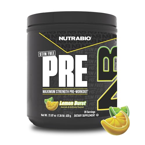 NutraBio STIM-Free PRE Workout for Men, New Formula | Laser Focus, Extreme Pumps | Performance, Endurance | 10g Citrulline, Beta Alanine, Nitrates, Nootropics, Electrolytes - 20 Servings Lemon Burst