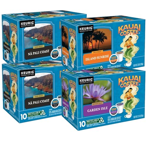 Kauai Coffee K-Cup Pods for Keurig Brewers  Arabica Coffee, 10% Hawaiian  Mild, Medium and Dark Roast, Rich, Smooth, No Bitterness  Three Flavors, 4 Packs of 10 Single Serve K-Cups