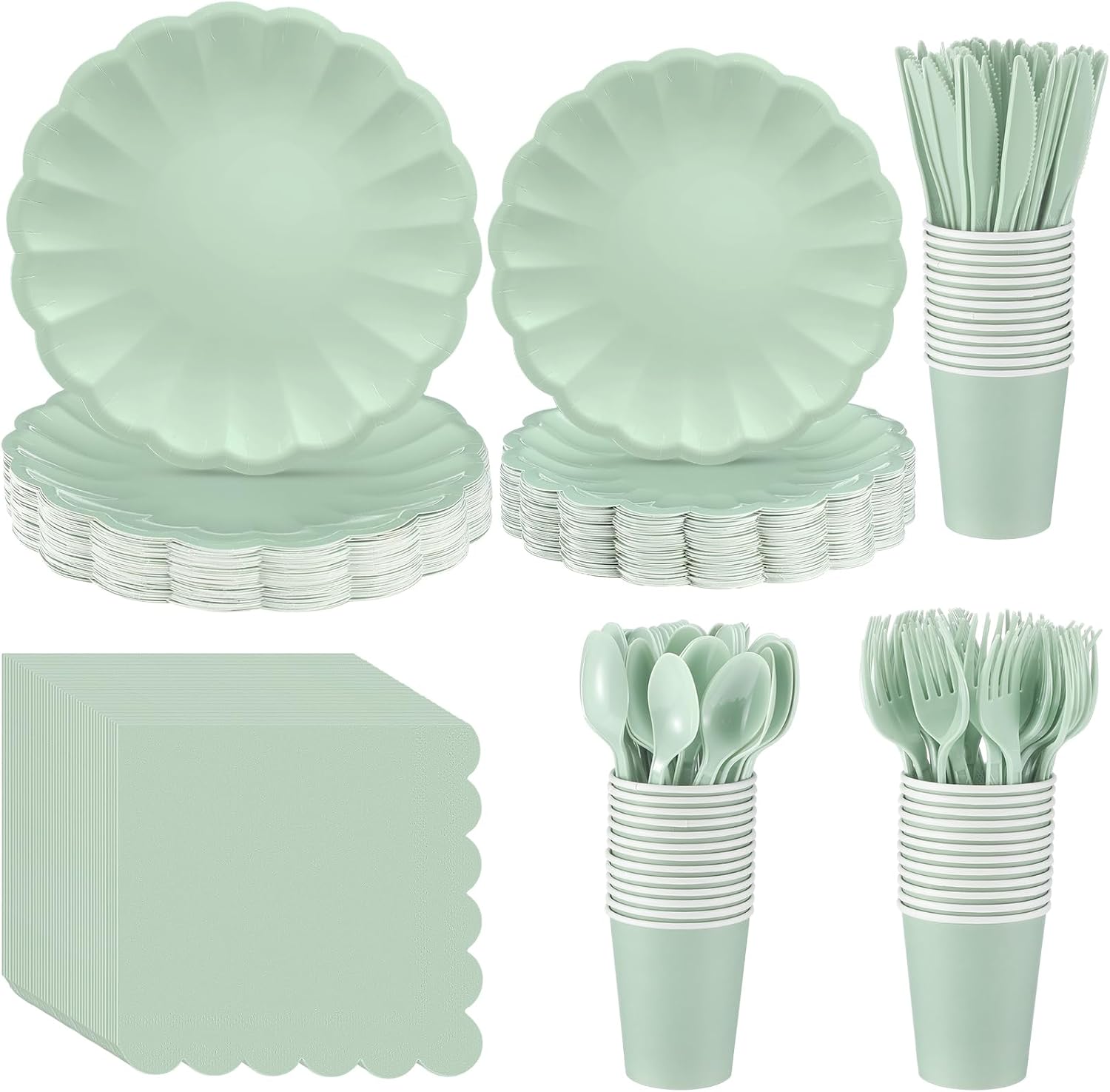 Newtay 350 Pcs Light Green Scalloped Paper Plates Shell Edge Disposable Tableware Cocktail Napkins Cups Plastic Spoons Forks Knives for Wedding Baby Shower Picnic Birthday Party Supply for 50 Guests
