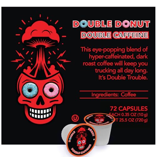 Double Donut High Caffeine Coffee Pods, Extra Strong Double Caffeine Dark Roast Coffee, Compatible with Keurig K Cups Brewers 72 Count