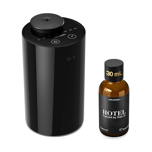 Waterless Essential Oil Diffuser Starter Kit with 30mL Hotel Scent Fragrance Oil Inspired by Ritz-C., Battery Operated Mini Scent Air Machine Portable Diffuser for Home Car Office, Black AN6