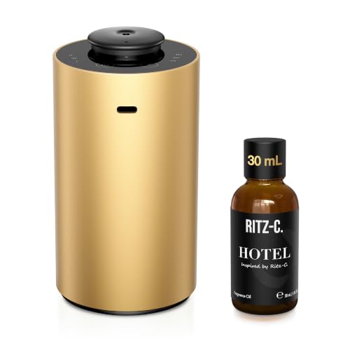 Waterless Essential Oil Diffuser Starter Kit with 30mL Hotel Scent Fragrance Oil Inspired by Ritz-C., Battery Operated Premium Portable Mini Scent Air Machine for Home Car Office, Gold ANX