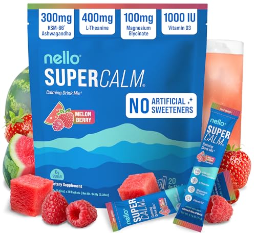 Supercalm Drink Mix - Ashwagandha KSM 66, Magnesium Glycinate & L-Theanine Supplement - Ashwagandha Root Extract - Focus and Relaxation Support (20 Travel Packets) - Melon Berry