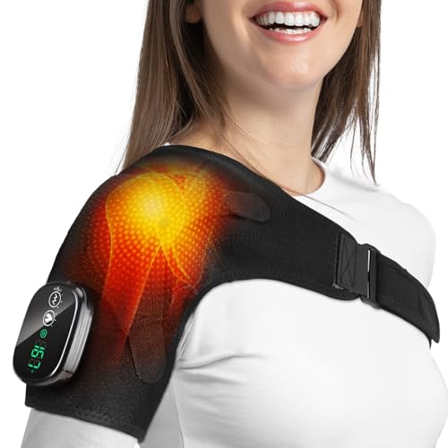 Cordless Shoulder Heating Pad, Heated Shoulder Wrap with 3 Massage Modes, Heated Shoulder Brace for Pain Relief Shoulder Massager for Men Women (Black)