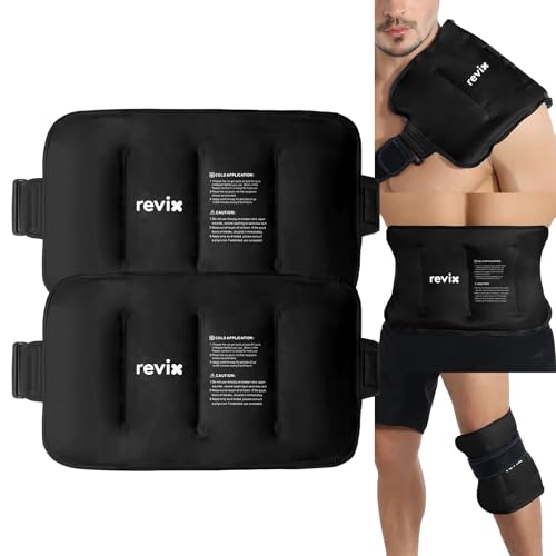 REVIX 16"  9" Flexible Gel Ice Packs Reusable for Lower Back with Strap, Dual-Sided Soft Body Ice Wraps for Shoulder, Neck, Abdomen and Leg Relief, Black 2 Packs