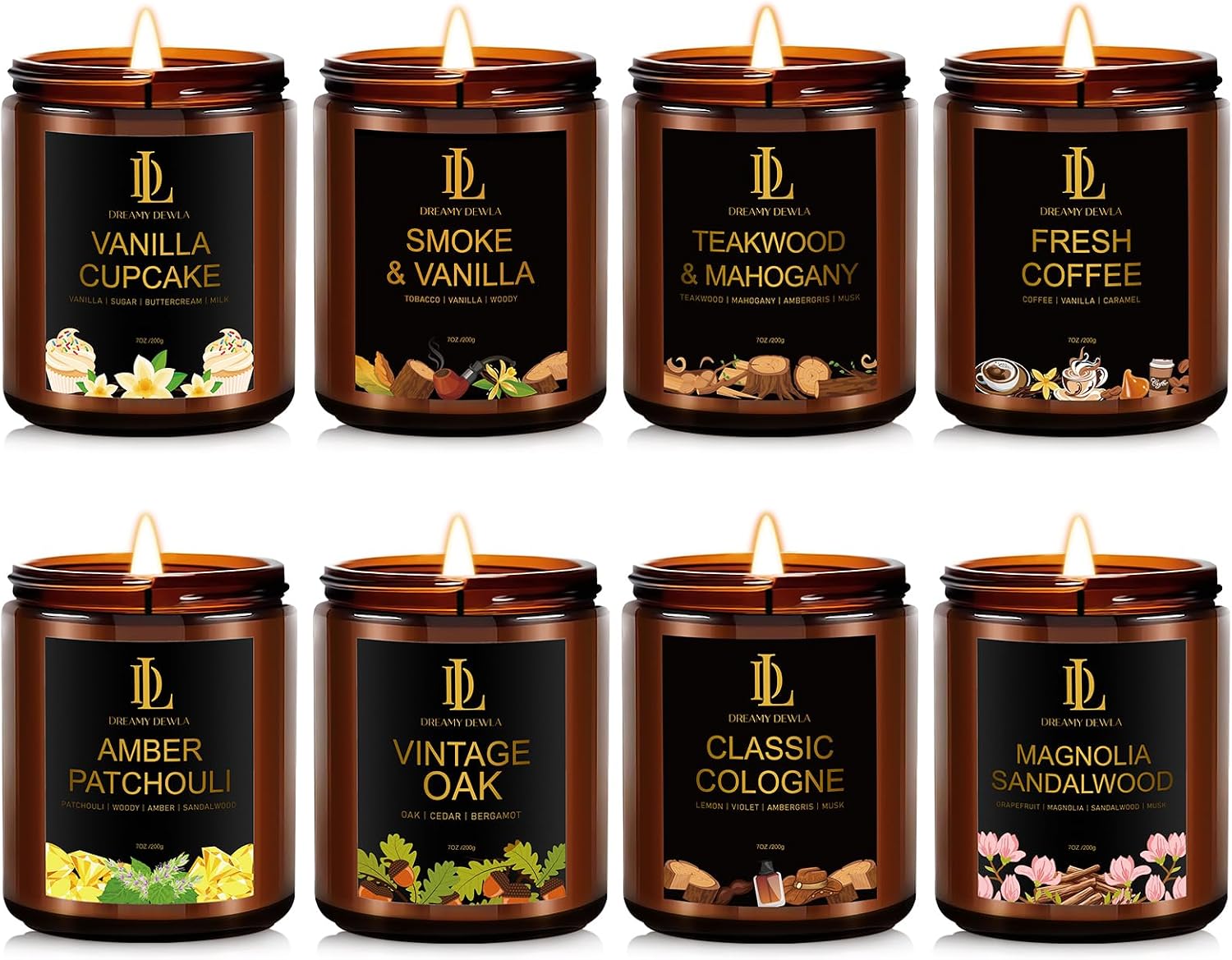 8 Pack Candles for Home Scented, Scented Candles Gifts Set for Women Men, 56 oz Soy Candle Set, Scents of Teakwood Mahogany/Smoke Vanilla/Cologne/Coffee/Patchouli Amber/Oak/Sandalwood/Cupcake