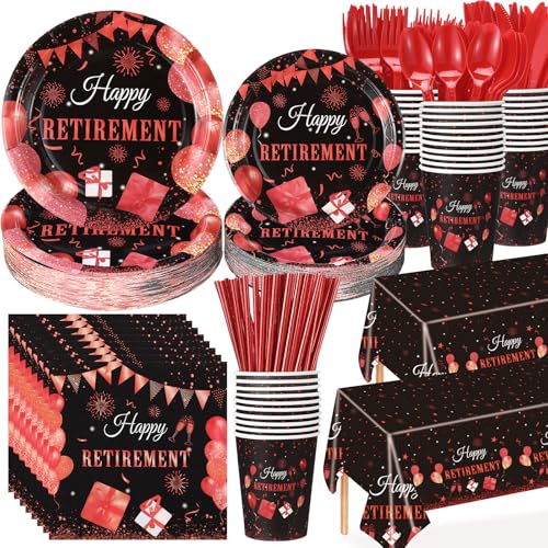 452 Pcs Retirement Party Decorations Supplies Set Include Red Black Retirement Paper Plates Napkins Cups Tablecloth Cutlery Straws for Men Women Say Goodbye Party