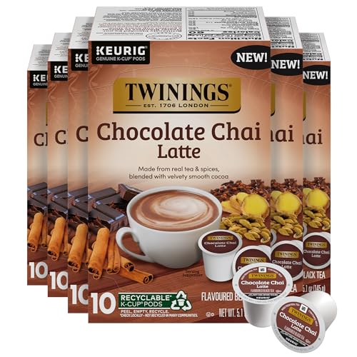 NEW Twinings Chocolate Chai Latte Tea 60 K-Cup Pods for Keurig, 10 Count (Pack of 6), Velvety Smooth Cocoa with Real Spiced Tea, Caffeinated, Enjoy Hot or Iced