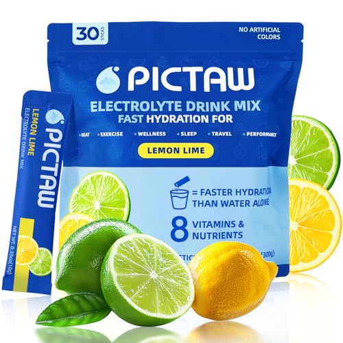 30 Sticks Electrolytes Powder Packets, 8 Electrolytes & Vitamins Hydration Packets, Lemon Lime Low Sugar Packs, Liquid Daily IV Drink Mix for Instant Hydration/Vegan/Non-GMO Mega 300g