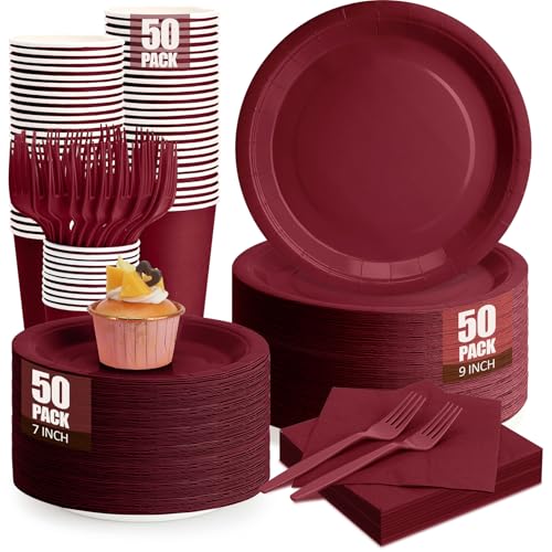 250Pcs Burgundy Paper Plates and Napkins Supplies, Include 9Paper Party Plate, 7Dessert Plates Cups Napkins Forks Sets for Birthday, Anniversaries, Wedding, Picnics, Serves 50