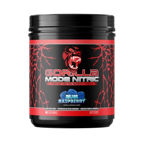 Gorilla Mode Nitric Upgraded Stimulant Free Pre-Workout  Best Tasting and Most Effective Stimulant Free Pre-Workout/Massive Pumps  Vasodilation  Power / 804 Grams (Blue Raspberry)