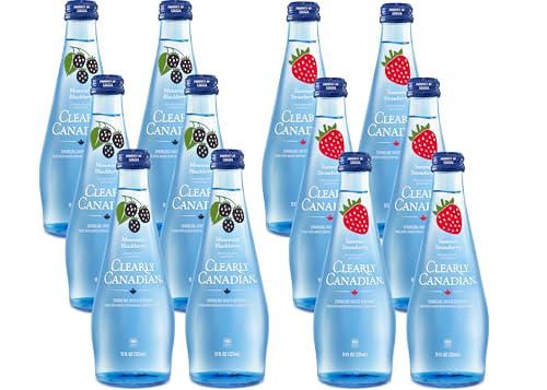 Clearly Canadian Sparkling Flavored Water, 11 oz Glass Bottles  Variety of Refreshing Flavors, Premium Carbonated Beverage, Available in 12-Pack and 24-Pack Options (12 Pack, Blackberry/Strawberry)