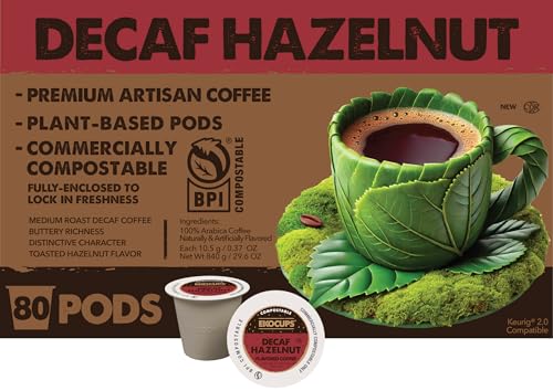Ekocups Decaf Hazelnut Coffee Pods  Medium Roast, Swiss Water Process, Compostable, Plant-Based & Freshness-Sealed  French Press-Quality Brew  K-Cup Brewer Compatible  80ct