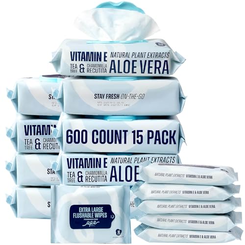 Flushable Wet Wipes - 9 Large & 6 Travel Packs (600 Ct) - XL Unscented Body & Hand Wipes with Vitamin E & Aloe - For Adults, Kids & Children - All-in-One for Home, Bathroom, Car & On-the-Go Freshness