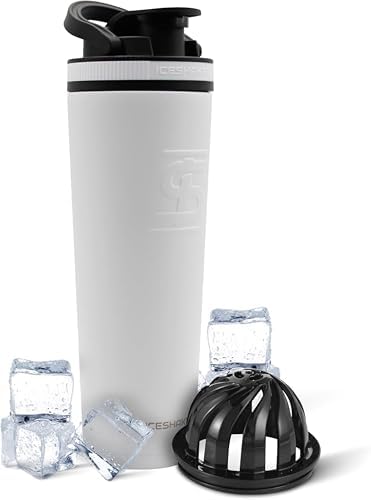 Ice Shaker Insulated Stainless Steel Shaker Bottle | 32oz, White | Cold for 30+ Hours | Insulated Cup with Twist-on Agitator | Odor-Free Bottle for Protein Shakes, Water, Smoothies, Cocktails