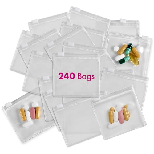 Zippered Pill Pouch Bags - 240 Pcs, Slide Lock Clear Plastic Mini Bags, BPA-Free for Pills Vitamins, Supplements, Medications, Jewelry, Crafts, Small Objects - Self-Sealing, Reusable, Travel-Friendly
