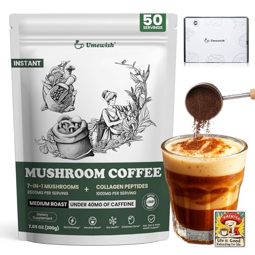 UMEWISH Mushroom Coffee Instant with Marine Collagen, Lion's Mane, Cordyceps, Turkey Tail, Chaga, Reishi for Energy, Focus, Digestion, Skin & Immunity, Keto Friendly(50 Days Supply)