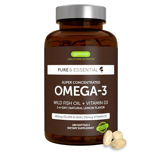 Igennus Advanced rTG Omega-3 IFOS Certified Wild Fish Oil & Vitamin D3, 1-a-Day, Fatty Acids EPA & DHA, Fast-Acting Triglyceride Form, Ultra Pure & Non-GMO, 180 Softgels