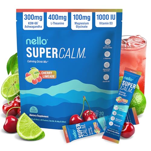 Supercalm Drink Mix - Ashwagandha KSM 66, Magnesium Glycinate & L-Theanine Supplement - Ashwagandha Root Extract - Focus and Relaxation Support (20 Travel Packets) - Cherry Limeade