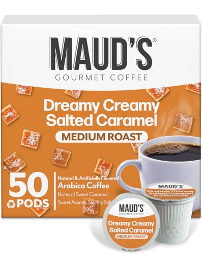 Maud's Salted Caramel Flavored Coffee Pods, 50ct, Medium Roast Flavored Coffee in Recyclable Single Serve Pods  100% Arabica Beans, Compatible with Keurig K Cups Maker