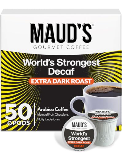 Maud's World's Strongest Decaf Coffee Pods, 50ct, Decaffeinated Dark Roast Coffee in Recyclable Single Serve Pods  100% Arabica Coffee, Compatible with Keurig K Cups Maker