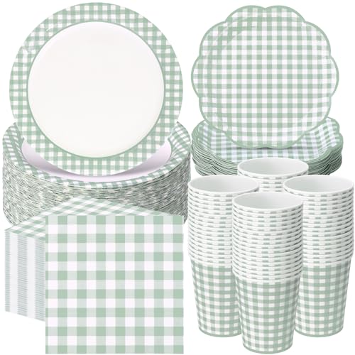 250 Pcs Sage Green Gingham Paper Plates and Napkins Party Supplies Green and White Checkered Disposable Plaid Tableware Set for Wedding Bridal Shower Farmer Market Picnic Party Decorations