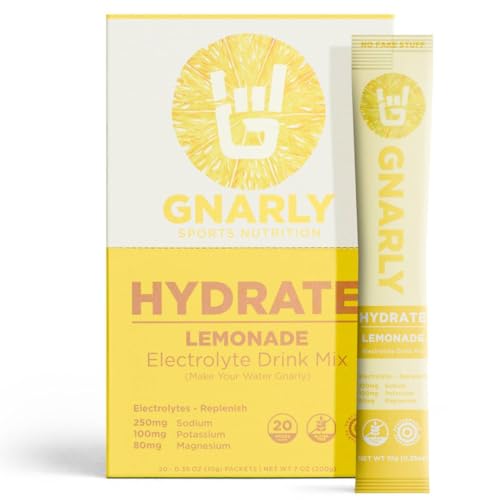 Gnarly Nutrition Hydrate Electrolyte Powder  Lemonade Exercise Hydration Drink Mix  NSF Contents Certified  Electrolyte Solution, Performance & Recovery  Lemonade, Box of 20 Stick Pack