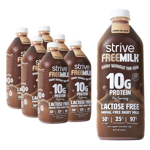 Strive FREEMILK Chocolate, Animal-Free Dairy Milk, 48 oz Carton (Pack of 6), Lactose Free, 10g Protein per Serving, Alt Milk, Shelf Stable, Precision Fermentation, Vegan-Friendly (48oz, Chocolate)