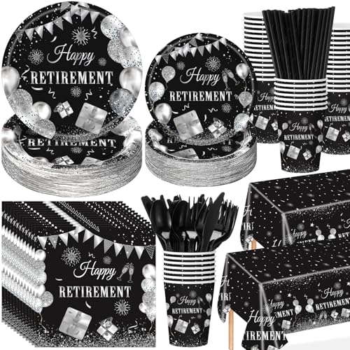 452 Pcs Retirement Party Decorations Supplies Set Include Black and Silver Retirement Paper Plates Napkins Cups Tablecloth Cutlery Straws for Men Women Say Goodbye Party