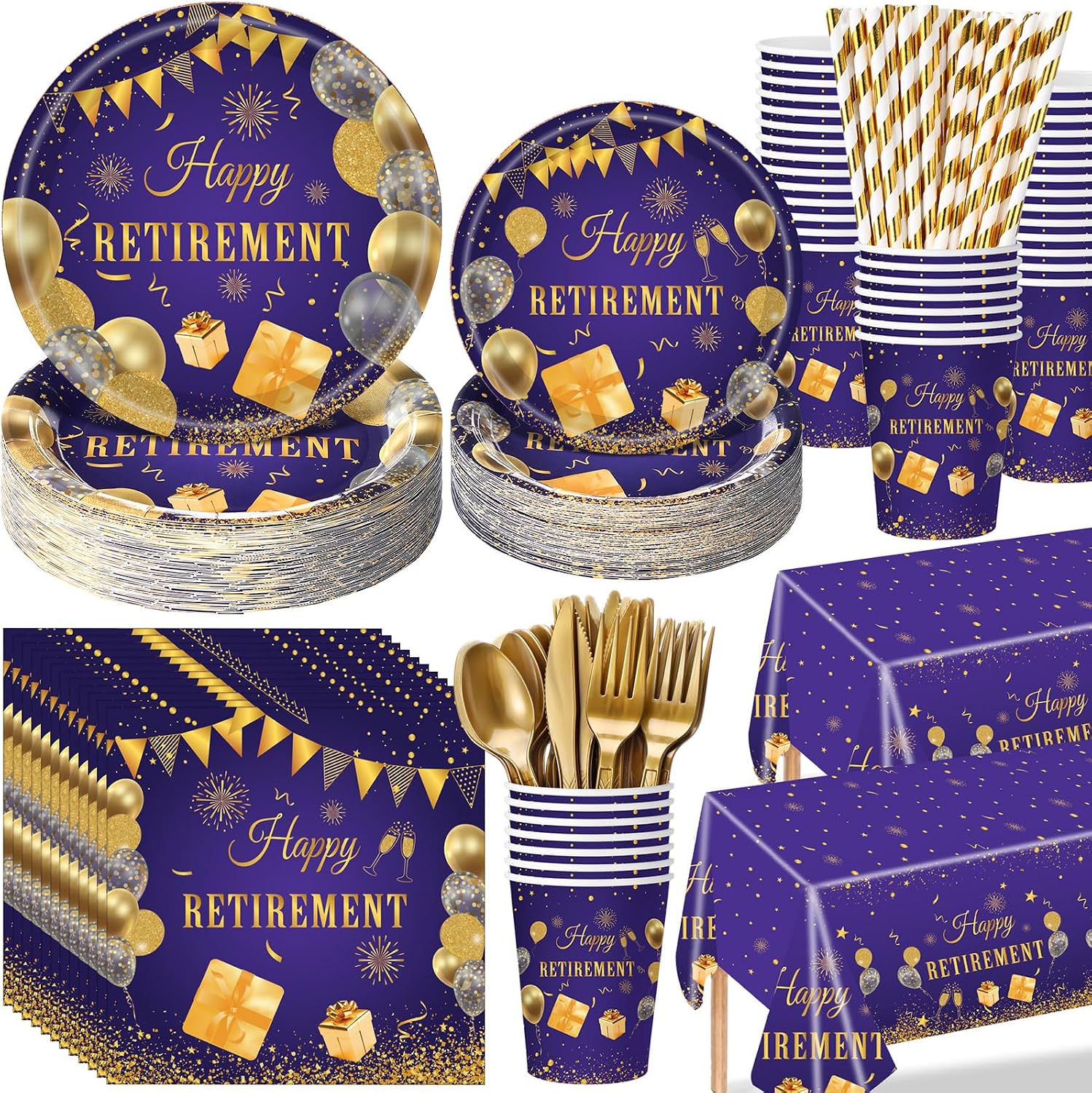 452 Pcs Retirement Party Decorations Supplies Women Set Include Purple and Gold Retirement Paper Plates Napkins Cups Tablecloth Cutlery Straws for Men Women Say Goodbye Party