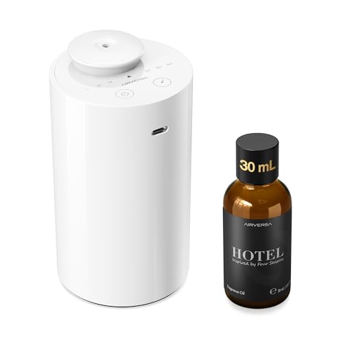 Airversa Waterless Essential Oil Diffuser Starter Kit with 30mL Fragrance Oil Inspired by Four Seasons Hotel, Battery Operated Mini Scent Air Machine Portable Diffuser for Home Car Office, White AN6