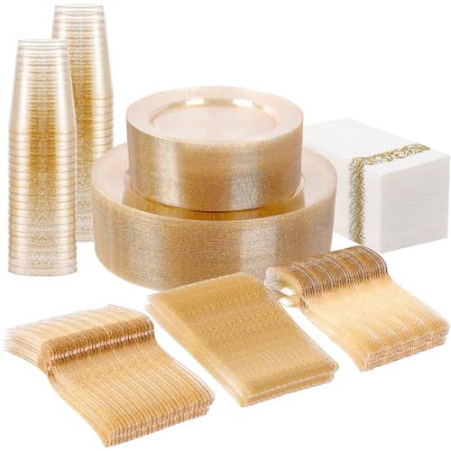 Supernal 400pcs Gold Glitter Plastic Dinnerware
