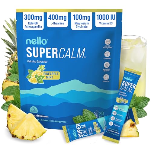 Supercalm Drink Mix  Ashwagandha KSM-66, Magnesium Glycinate, L-Theanine, Vitamin D3  Pineapple Mint Flavor (20 Travel Packets)