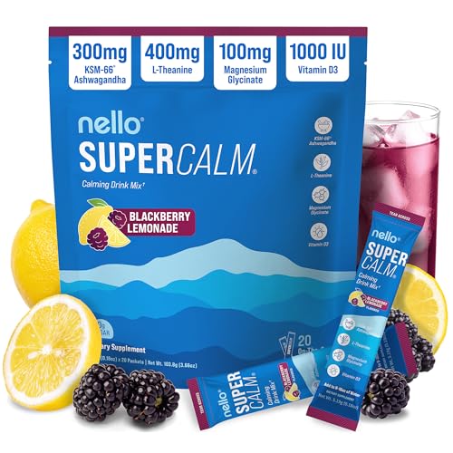 Supercalm Drink Mix -Ashwagandha KSM 66, Magnesium Glycinate & L-Theanine Supplement, Vitamin D3- Ashwagandha Root Extract- Focus and Relaxation Support (20 Travel Packets)- Blackberry Basil Lemonade