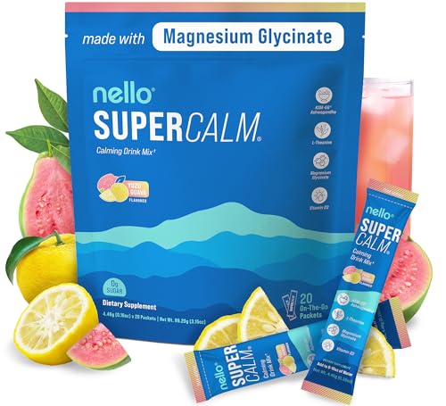 Supercalm Drink Mix - Ashwagandha KSM 66, Magnesium Glycinate & L-Theanine Supplement, Vitamin D3 - Ashwagandha Root Extract - Focus and Relaxation Support (20 Travel Packets) - Yuzu Guava