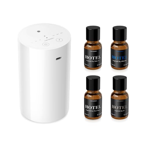 Airversa Waterless Essential Oil Diffuser Starter Kit with 4 x 10mL Hotel Scent Fragrance Oil, Battery Operated Mini Scent Air Machine Portable Diffuser for Home Car Office, AN8 Kit White